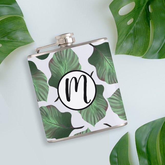Canna Tropicanna Green Tropical Leaves & Monogram Hip Flask (Tropical Leaves Pattern Flask with Custom Monogram)