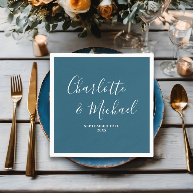 Canoe Blue Script Minimalist Wedding Napkin (Creator Uploaded)