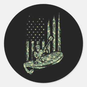 Canoe Kayaker Camouflage US Flag Outdoor Sport Classic Round Sticker
