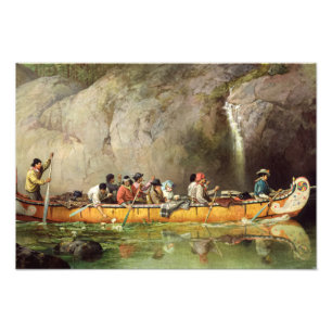 Canoe Manned by Voyageurs Passing a Waterfall Photo Print