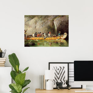 Canoe Manned by Voyageurs Passing a Waterfall Poster