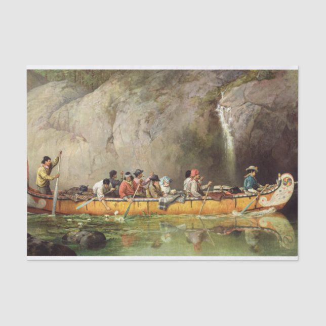 Canoe Manned by Voyageurs Passing a Waterfall Tissue Paper (Front)