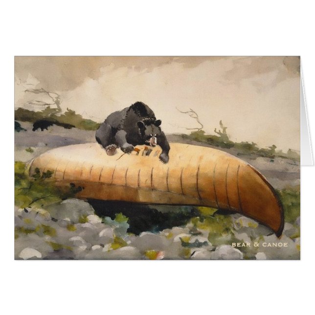 Canoe on a Beach with Bear Vintage Art Blank (Front Horizontal)