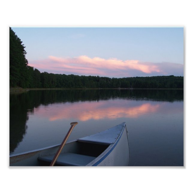 Canoe, paddle and lake at Sunset Photo Print (Front)