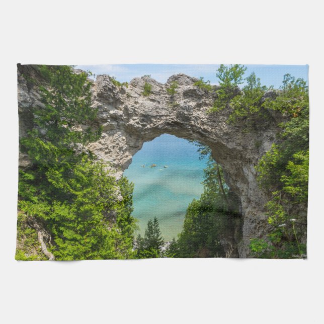 Canoeing At Arch Rock Tea Towel (Horizontal)