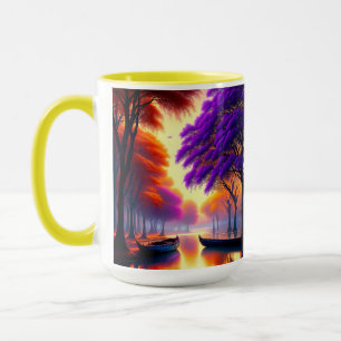 Canoes On Jacaranda River Oil Paint, Mug