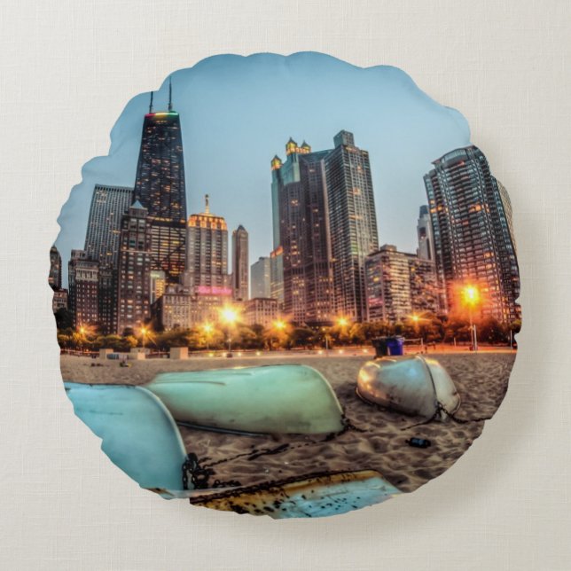 Canoes on Oak Street Beach a little after sunset Round Cushion (Front)