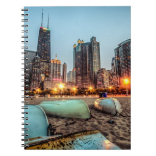 Canoes on Oak Street Beach a little after sunset Spiral Notebook