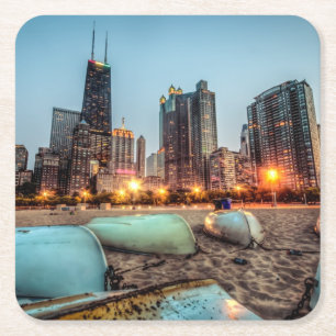 Canoes on Oak Street Beach a little after sunset Square Paper Coaster
