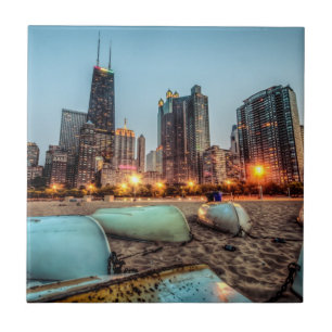 Canoes on Oak Street Beach a little after sunset Tile