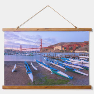 Canoes on the Beach and view of Golden Gate Hanging Tapestry