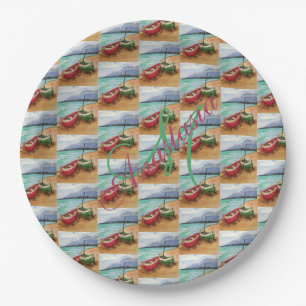 CANOES STRANDED ON THE BEACH MONOGRAM PARTY PAPER PLATE
