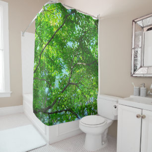Canopy of Green, Leafy Branches with Blue Sky Shower Curtain