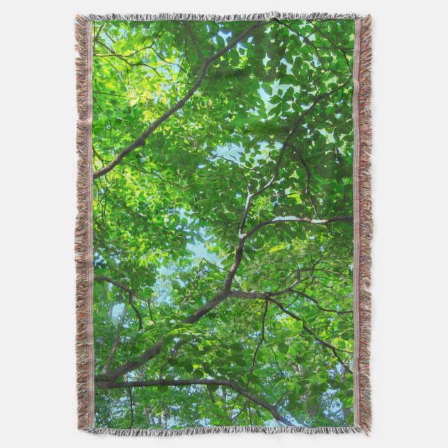 Canopy of Green, Leafy Branches with Blue Sky Throw Blanket (Front Vertical)