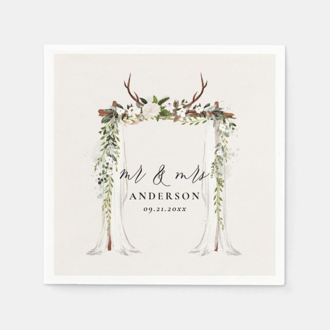 Canopy rustic botanical wedding mr and mrs script napkin (Front)