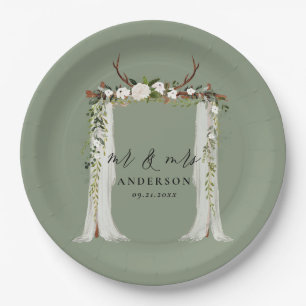 Canopy rustic botanical wedding mr and mrs script  paper plate