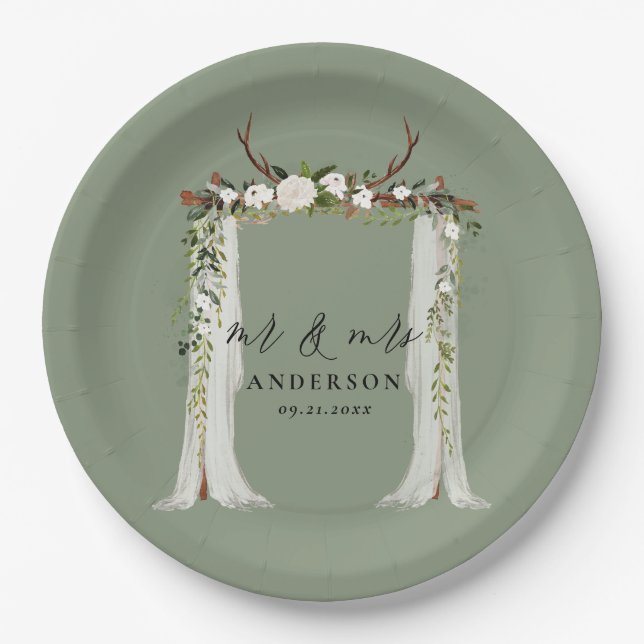 Canopy rustic botanical wedding mr and mrs script  paper plate (Front)