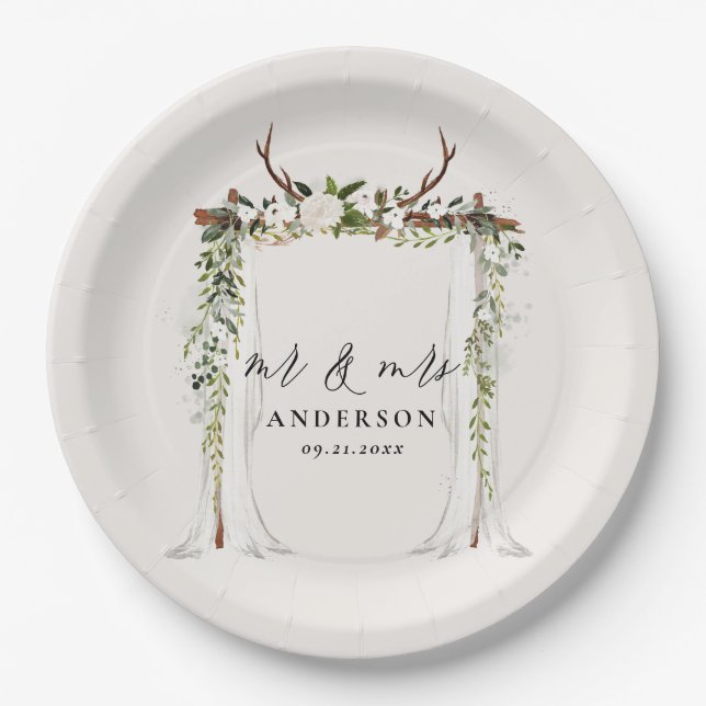 Canopy rustic botanical wedding mr and mrs script  paper plate (Front)