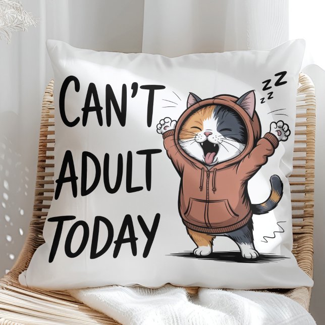 "Can't Adult Today" Funny Cat Cushion ("Can't Adult Today" Funny Cat Throw Pillow in a sunny boho neutral rattan chair)