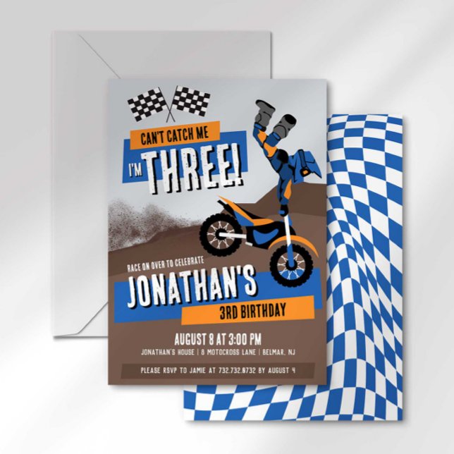 Can't Catch Me I'm Three Dirt Bike Birthday Invitation (Creator Uploaded)