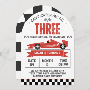 Can't Catch Me I'm Three Race Car 3rd Birthday  Invitation