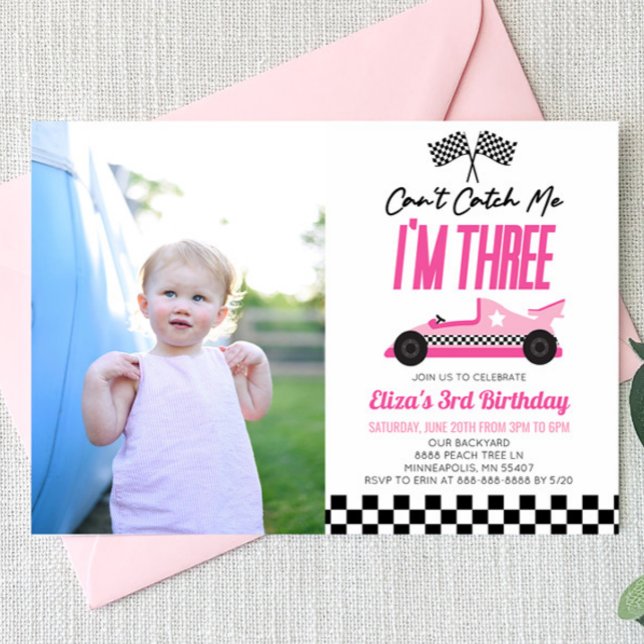 Can't Catch Me Pink Race Car 3rd Birthday Party Invitation (Creator Uploaded)