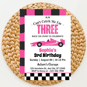 Can't Catch Me Pink Race Car Girl 3rd Birthday  Invitation
