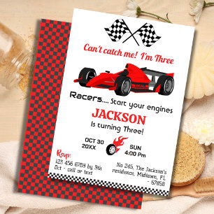 Cant catch me red racing car modern 3rd birthday  invitation