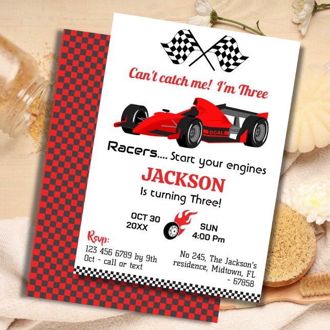 Cant catch me red racing car modern 3rd birthday  invitation (Creator Uploaded)