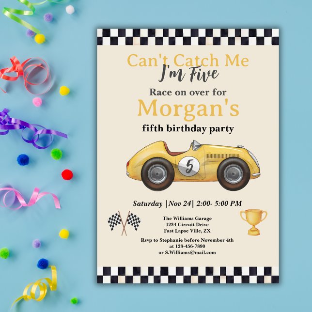 Can't Catch Me Yellow Race Car Kids Any Age Party Invitation (Creator Uploaded)