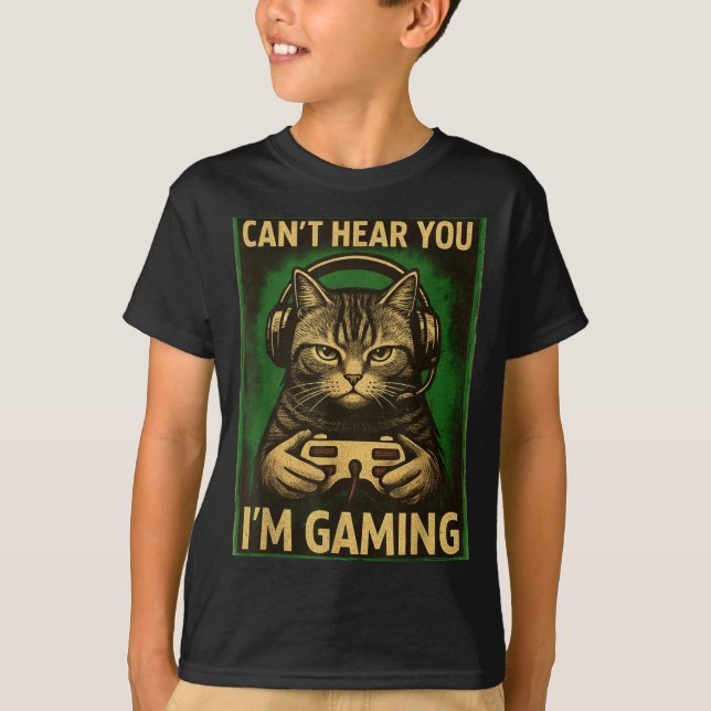Can't Hear You I'm Gaming Funny Gamer Cat Playing  T-Shirt (Front)