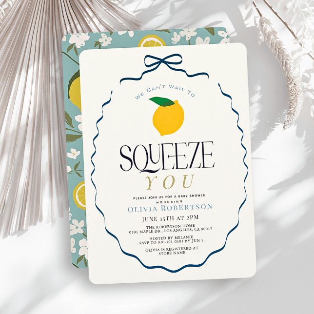 Can't Wait to Squeeze Blue Bow Lemon Baby Shower Invitation (Creator Uploaded)