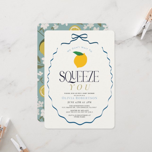 Can't Wait to Squeeze Blue Bow Lemon Baby Shower Invitation (Front/Back In Situ)