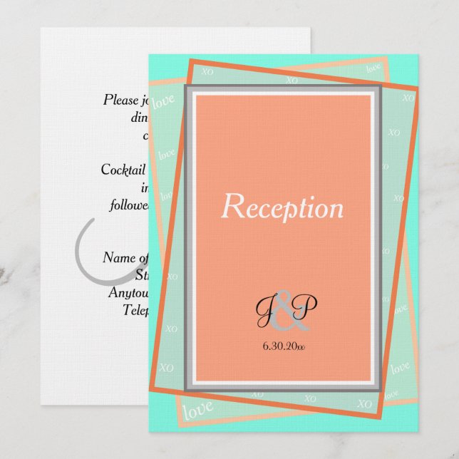 Cantaloupe Blue Geometric Monogram Reception Invitation (Front/Back)