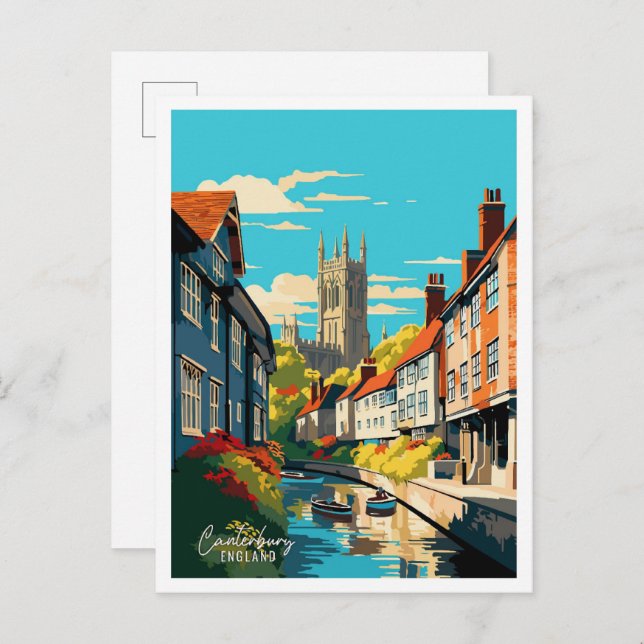 Canterbury England Art Vintage Travel Illustration Postcard (Front/Back)
