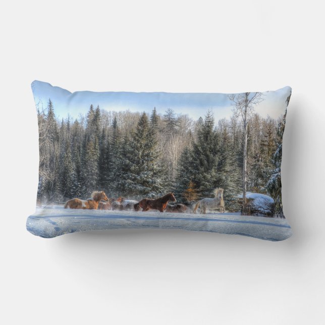 Cantering, Running Horses in Winter Snow Photo Lumbar Cushion (Front)