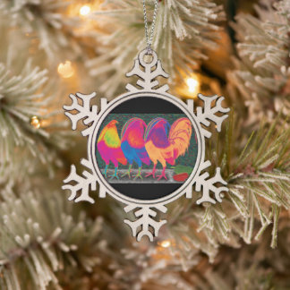 Cantina Roosters Snowflake Pewter Christmas Ornament