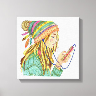 Canvas Boho Hat Girl Print