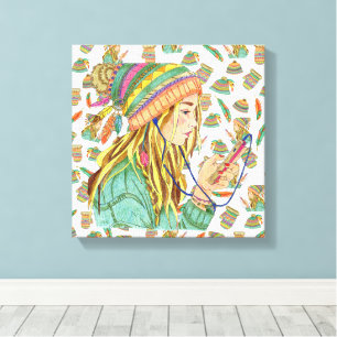 Canvas Boho Hat Girl Theme Print