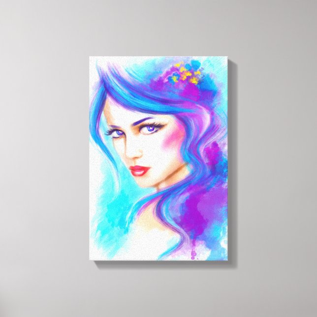 Canvas Fantasy Beautiful woman with blue flowers (Front)