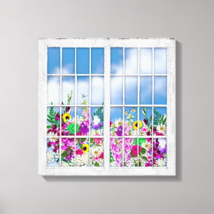 Canvas Print, View of Flowers, Rustic Window-Panes Print