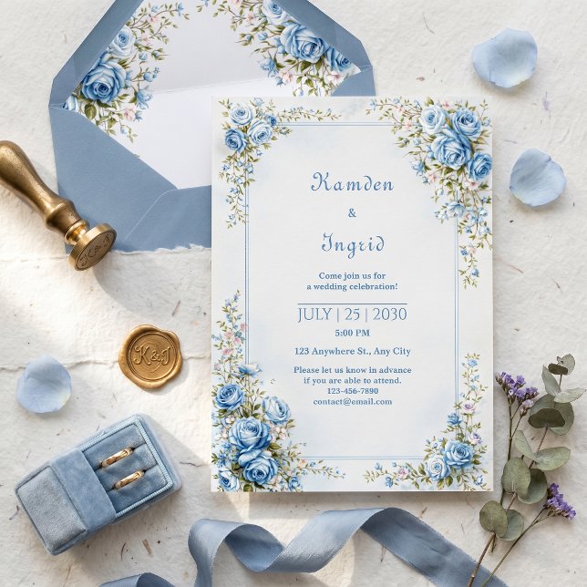 Canvas Textured Blue Gold Rose Ornate Border Invitation (Creator Uploaded)