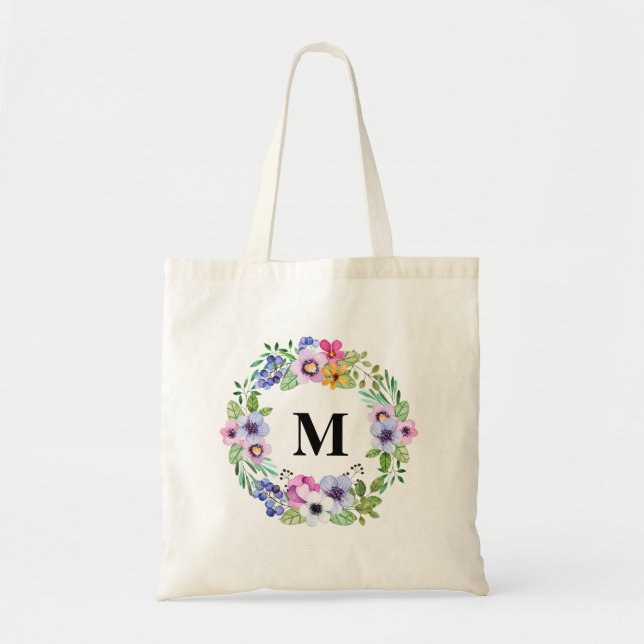 Canvas Watercolor Floral Personalised welcome Tote Bag (Front)