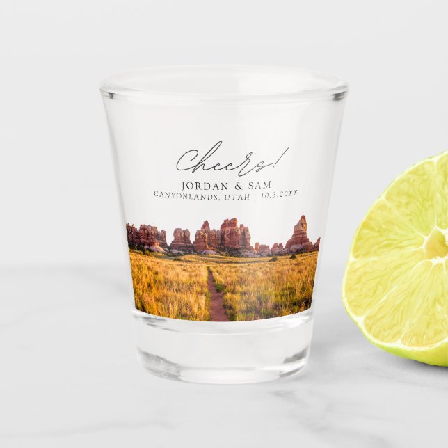 Canyonlands Photo Wedding Favour Cheers Shot Glass (Front)