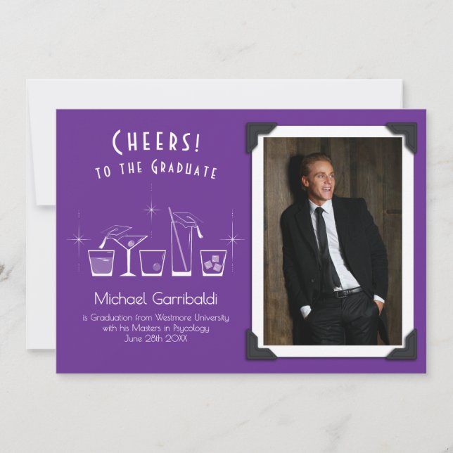 Cap and Cocktail Graduation Announcement Purple (Front)