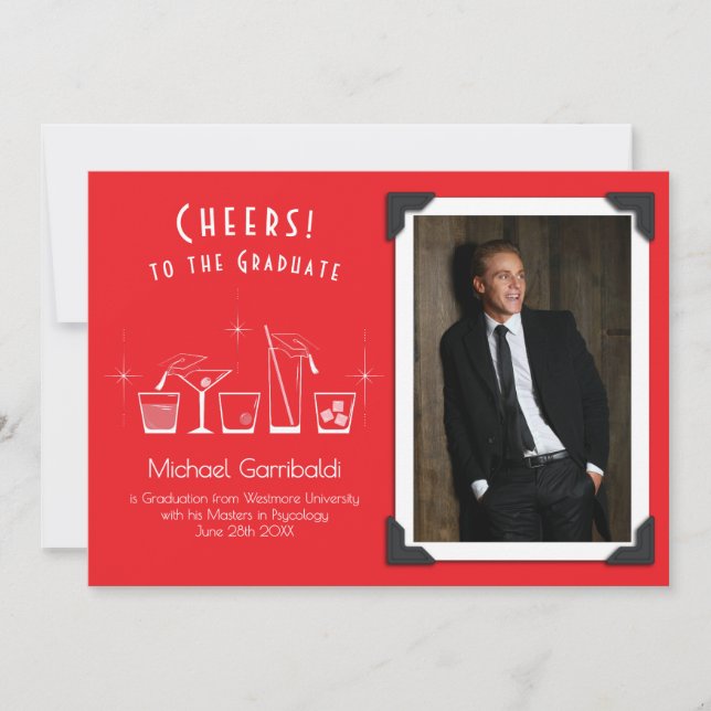 Cap and Cocktail Graduation Announcement Red (Front)