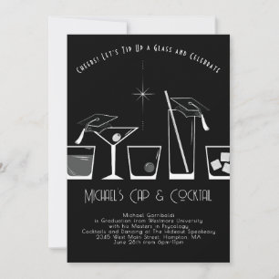 Cap and Cocktail Graduation Party Black Invitation