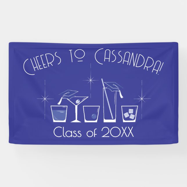 Cap and Cocktail Graduation Party Blue Banner (Horizontal)