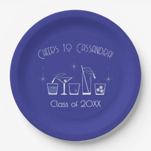 Cap and Cocktail Graduation Party Blue Paper Plate