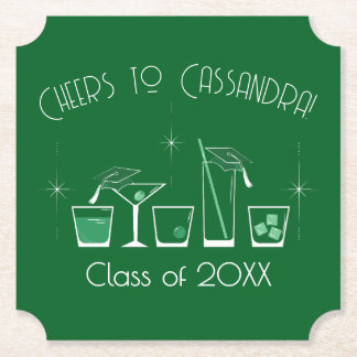 Cap and Cocktail Graduation Party Dark Green Paper Coaster